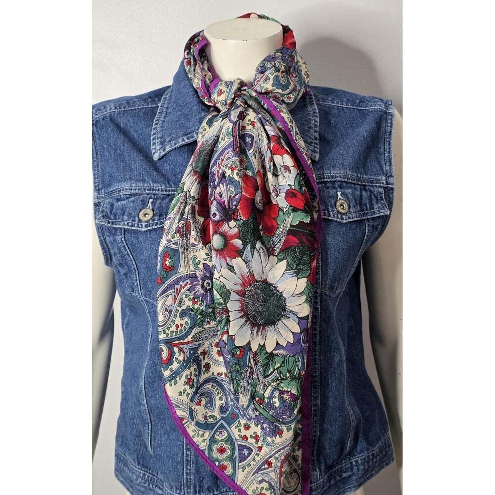 Vintage Butterfly And Bee Floral Paisley Silk Scarf - Picture 2 of 7